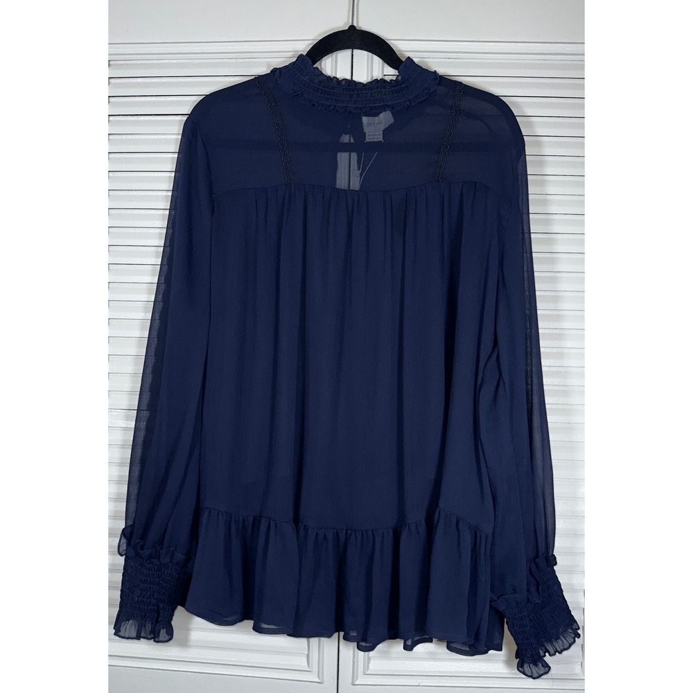Lost Ink Navy Blue Ruffled Mock Neck Sheer Smock Top Size 2X‎